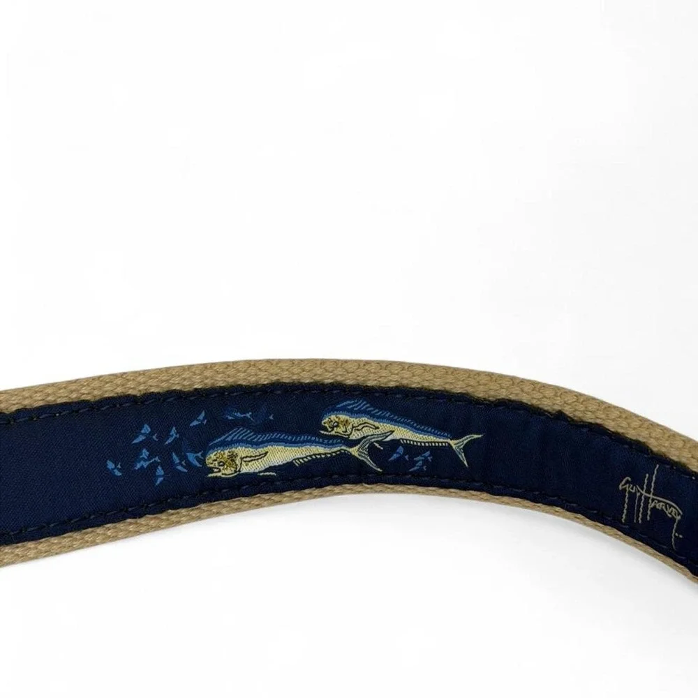 Guy Harvey Mens 38 Leather Tab Ribbon Belt Mahi Mahi Dolphin Fish Navy Tan